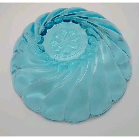 Vtg Hazel Atlas Glass Serving Bowl Dish  Turquoise AZURE BLUE Swirl Seashell 9" - Picture 4 of 5